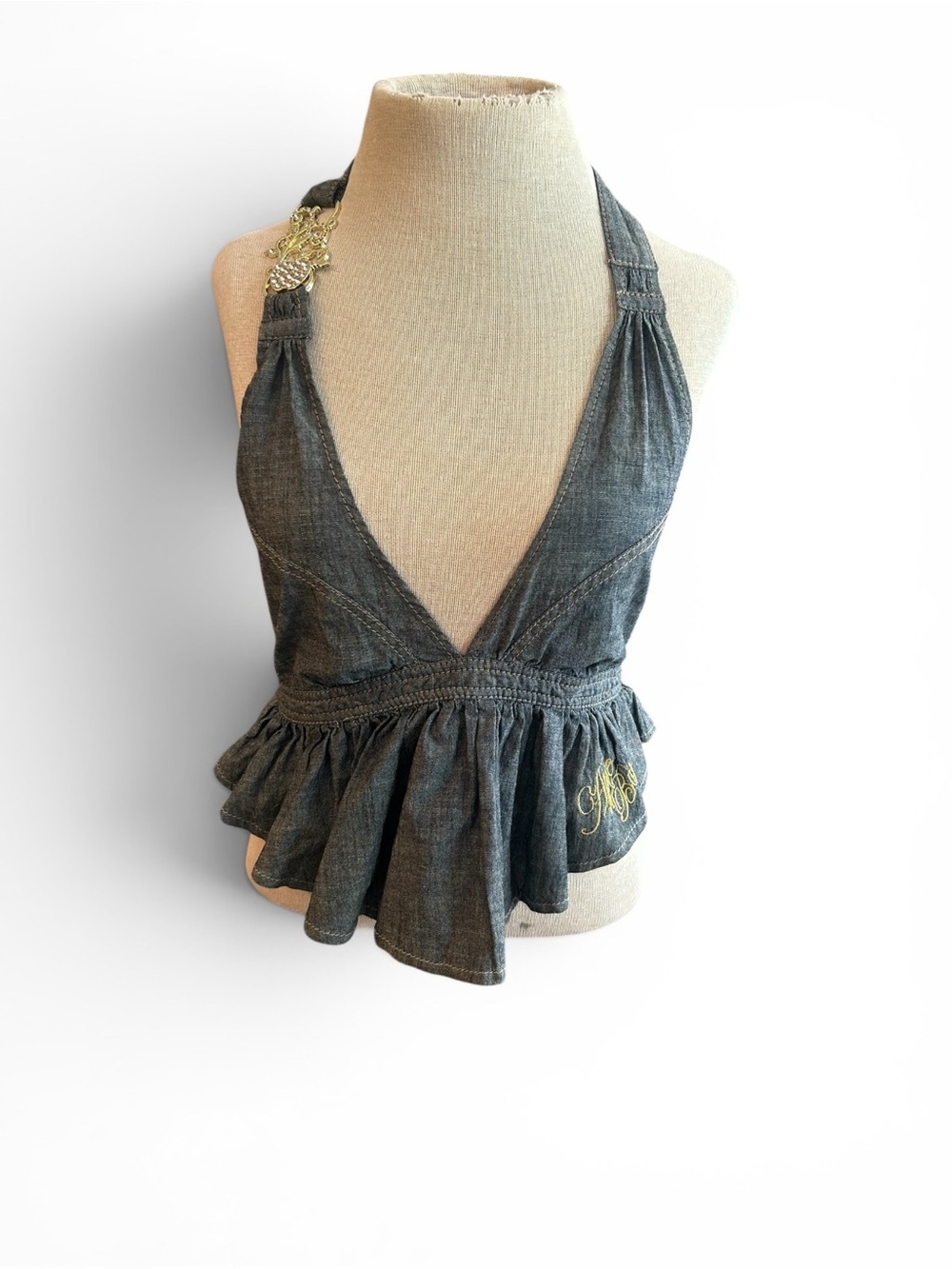 Apple Bottoms Y2K vintage unique Dark Gray Denim Halter Peplum Tank